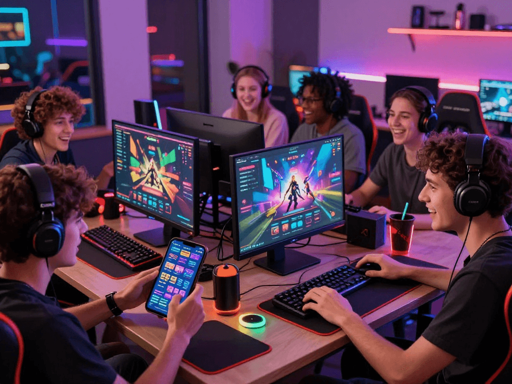 Group of players enjoying html porn games on mobile and desktop in a vibrant gaming lounge