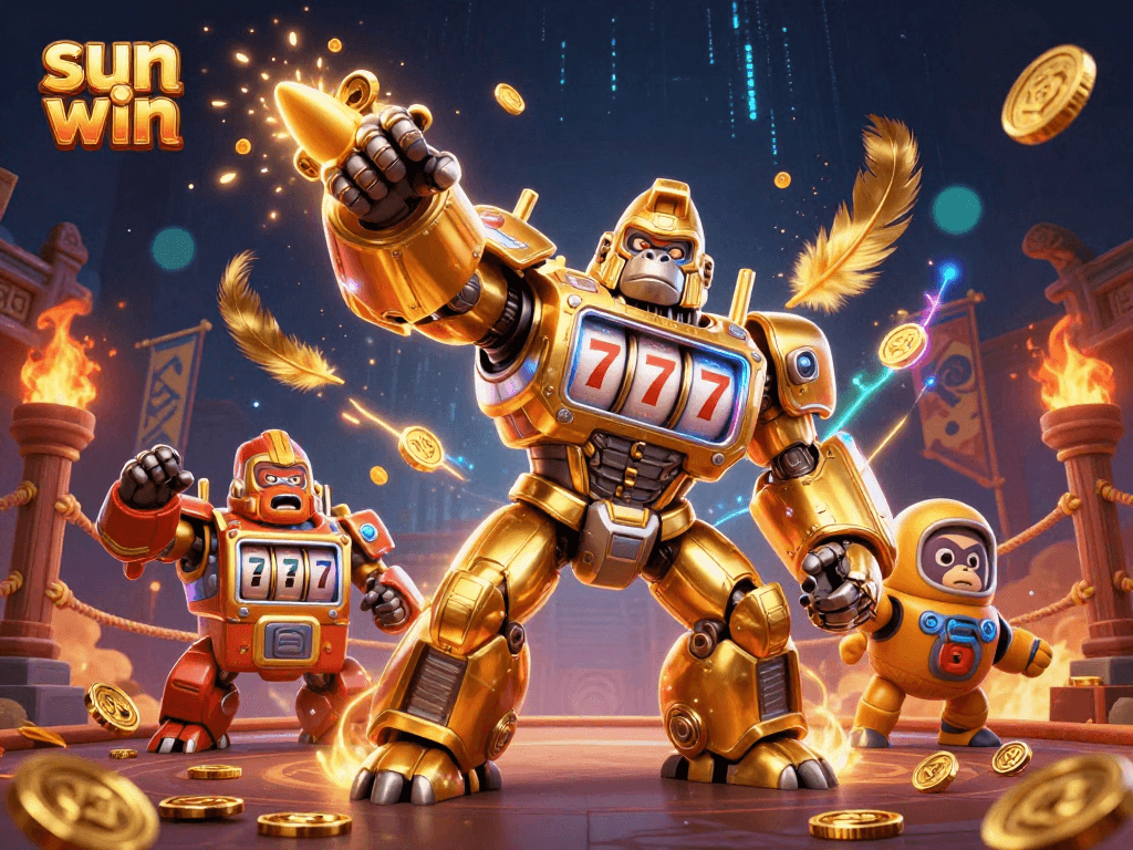 Experience the thrill at sun win with a golden gorilla mech in a vibrant casino atmosphere!