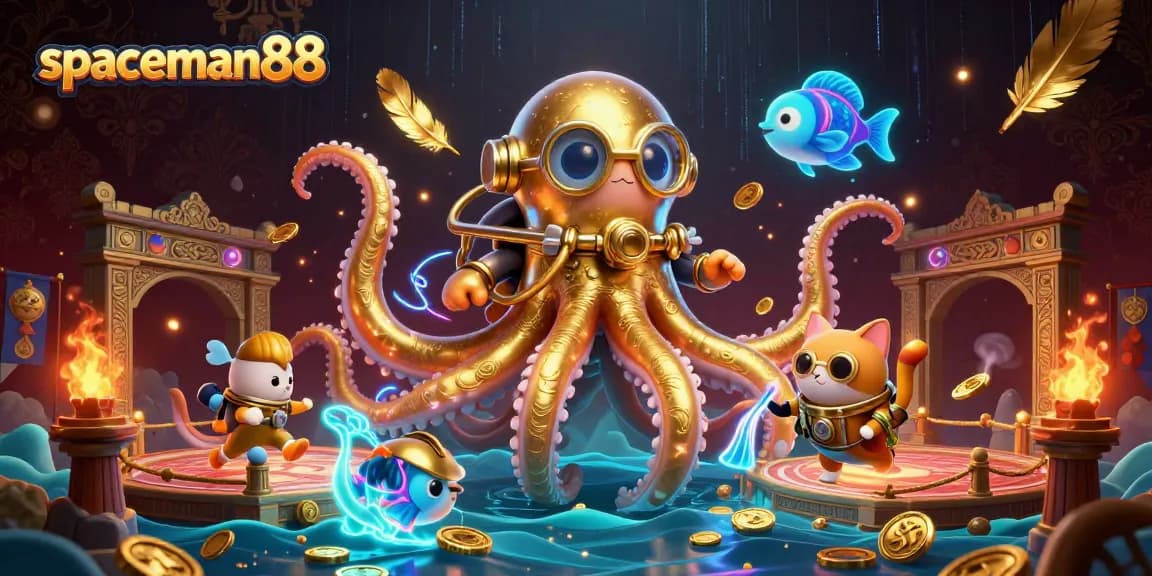 Engage with exciting gaming adventures at spaceman88, showcasing a kraken and diving cat in an intricate scene.