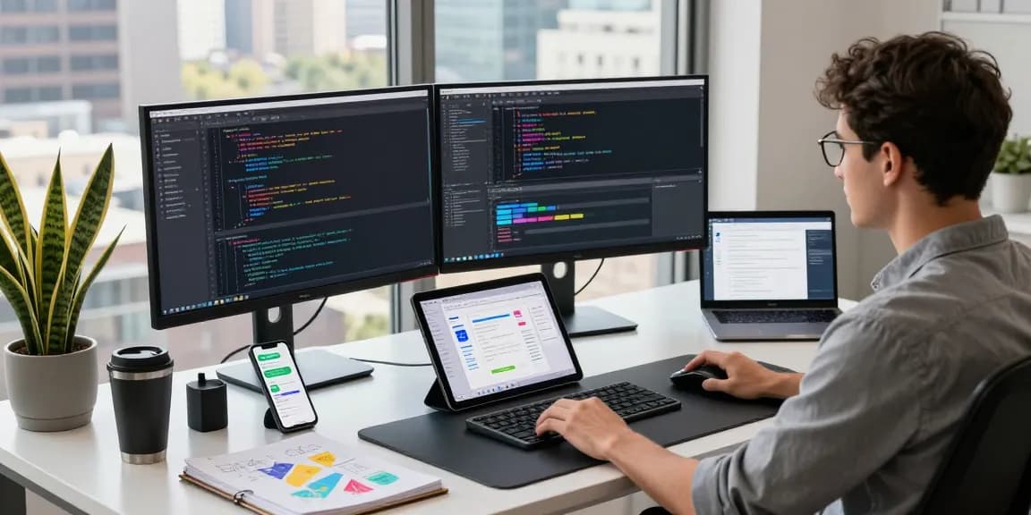Developer using an AI code generator at a modern workspace with dual monitors displaying vibrant code.