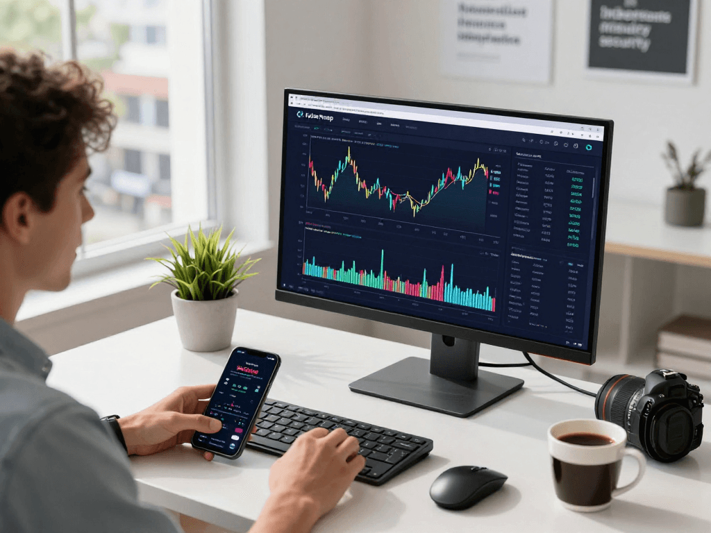 Kyber-swap trading interface on a modern desk showcasing cryptocurrencies with vibrant graphs and real-time market data.