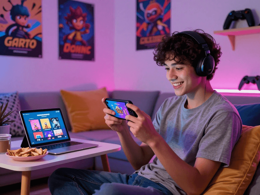 Enjoy playing mobile porn games on a smartphone in a cozy bedroom