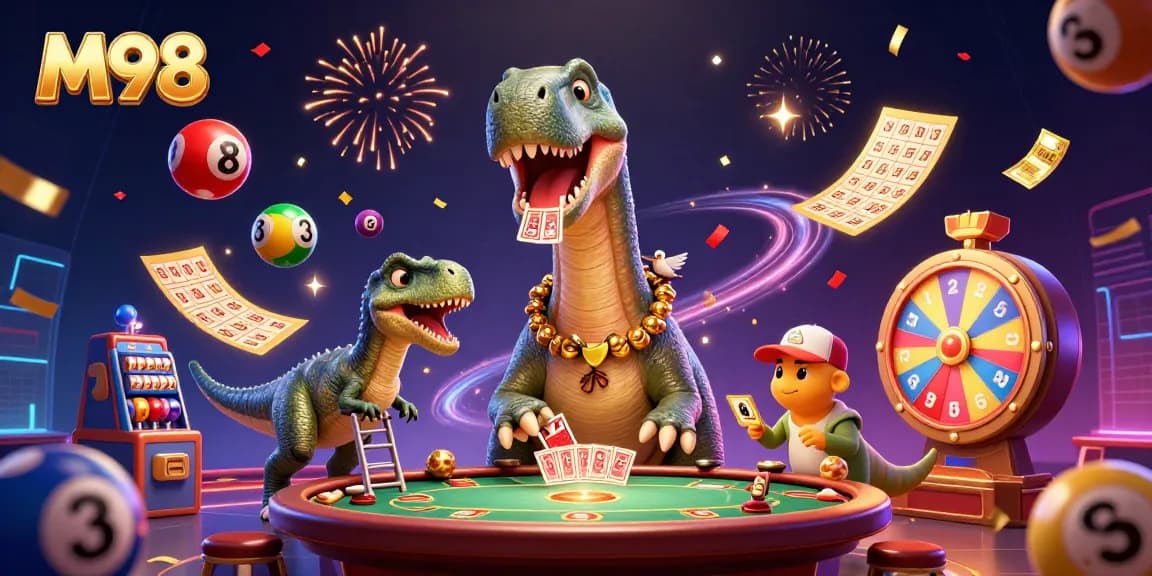 M98 players experiencing vibrant casino action with a giant brontosaurus and colorful lottery balls.