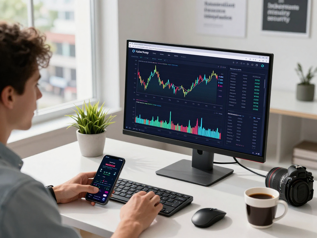 Kyber-swap trading interface on a modern desk showcasing cryptocurrencies with vibrant graphs and real-time market data.
