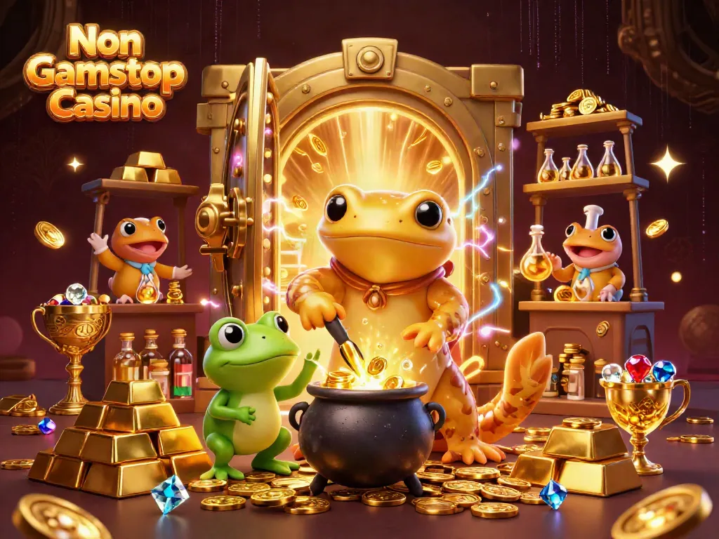 Experience the thrill of Non Gamstop Casino with a vibrant, imaginative 3D casino scene full of gold and excitement.