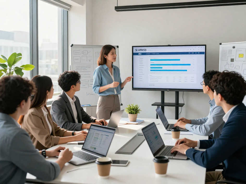 Team strategizing in a modern office with XPAY33 official site metrics displayed on screens.