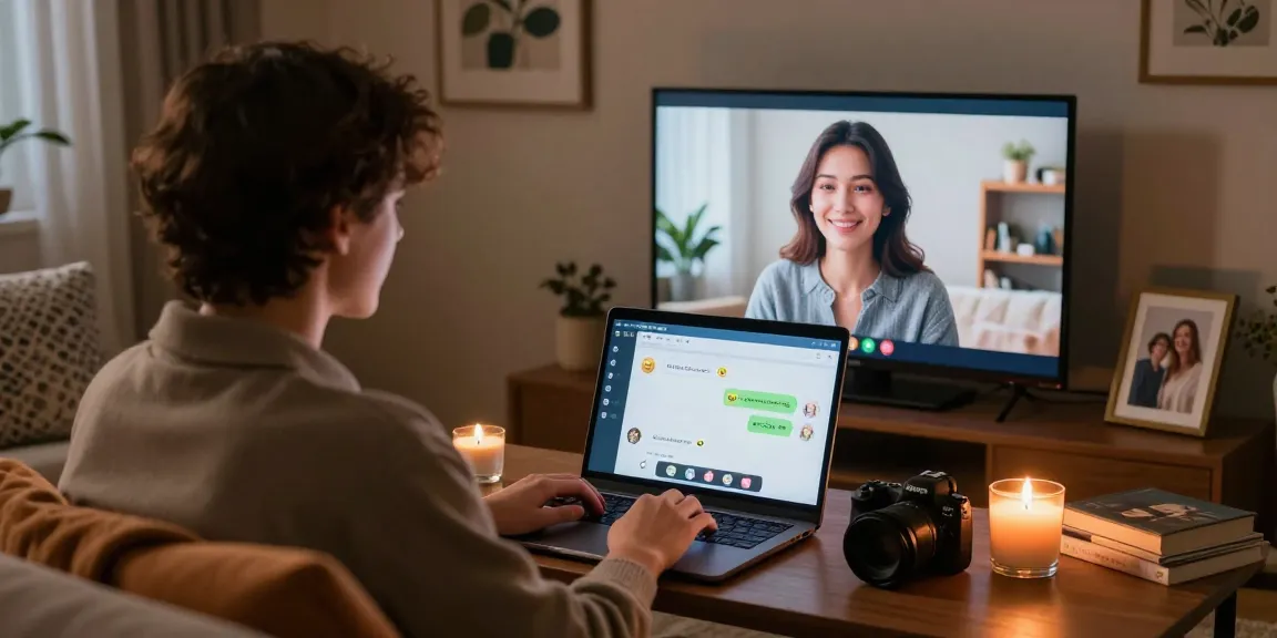 Engaging ai sex chat interaction in cozy home setting with virtual AI companion on screen.
