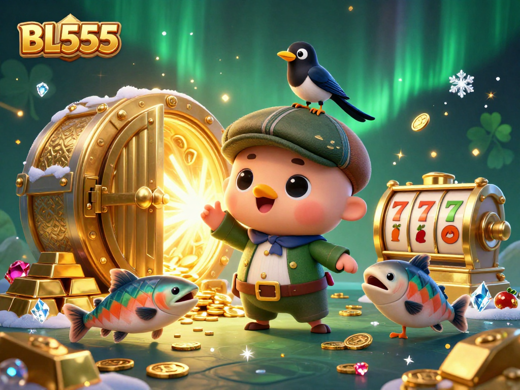 Engage in thrilling jackpots at BL555 with a vibrant scene of Nessie, a magpie, and fortunate symbols.