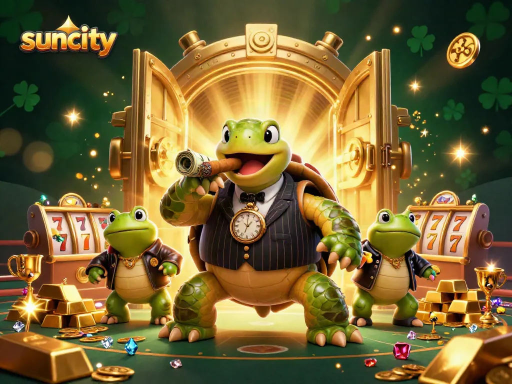 Engage with the vibrant casino world of suncity, featuring a charming turtle mobster amidst gold and slot reels.