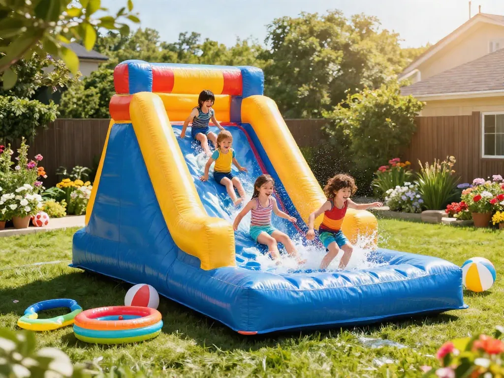 Children joyfully sliding in the water on an inflatable water slide in a sunny garden.