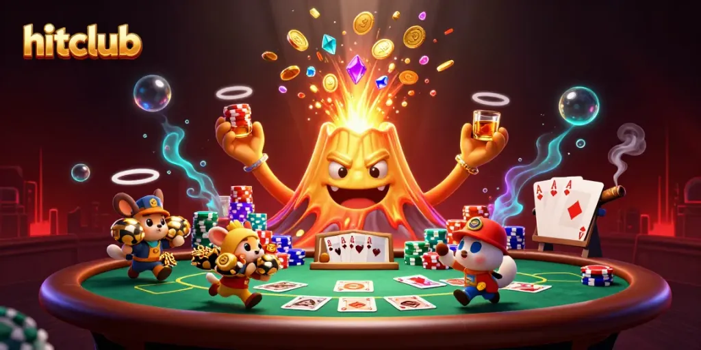 Hitclub's victorious golden volcano erupts coins and gems, surrounded by poker elements.