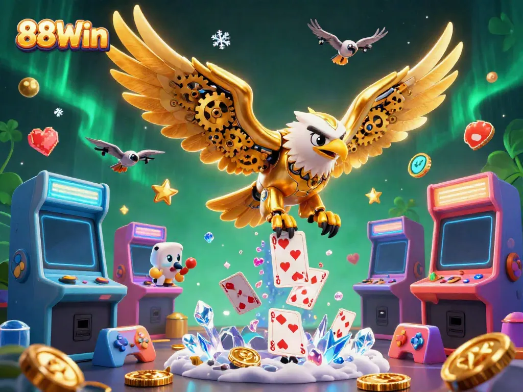 Experience thrilling games at 88Win with golden eagle diving through holographic cards.