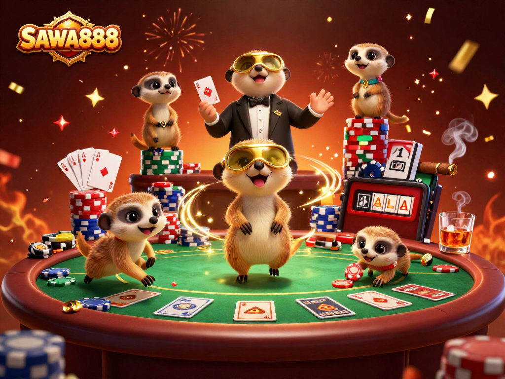 Experience SAWA888 with a lively meerkat casino scene filled with excitement and games.