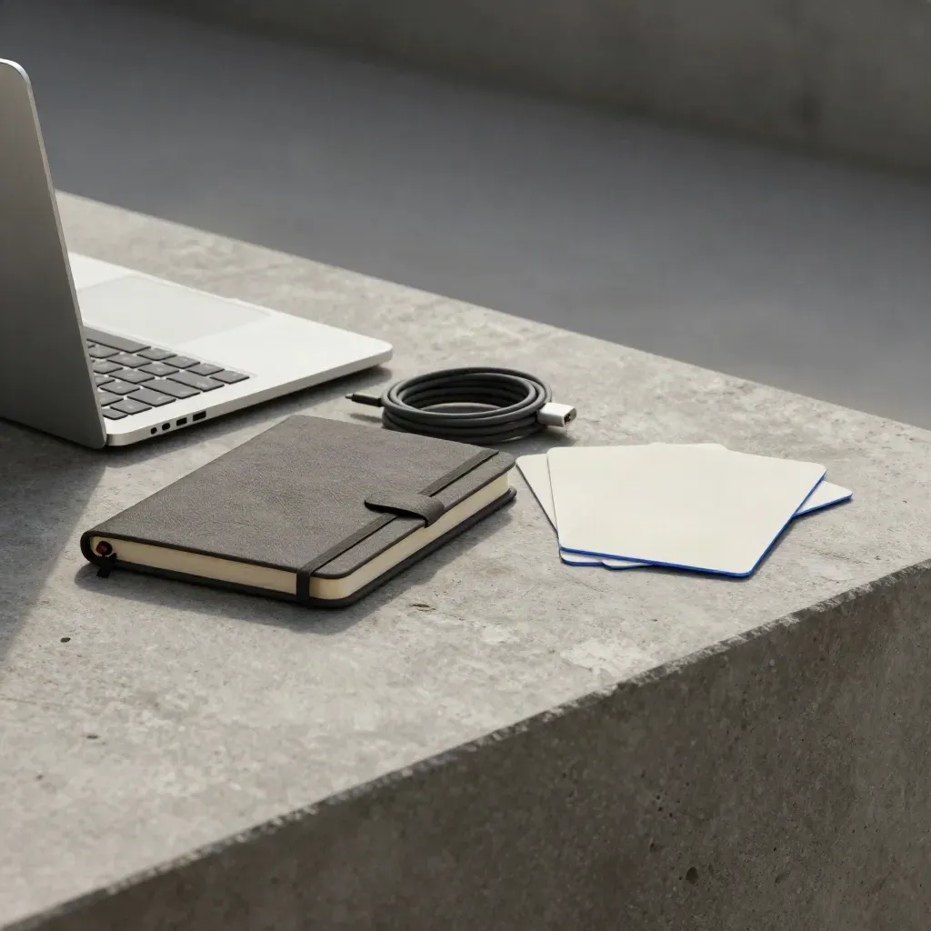 Premium launch bundle on stone: slim laptop, notebook, cable, and blank template cards.
