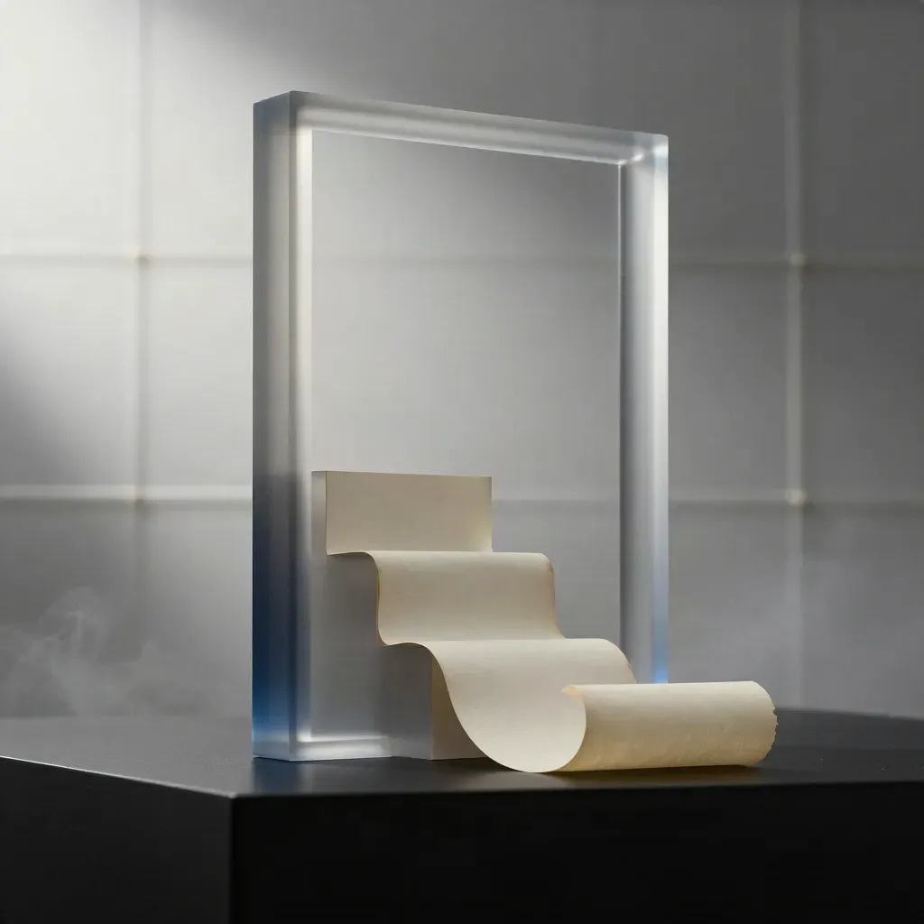 Frosted acrylic lead-form pack with companion blocks on a matte-black plinth under dramatic blue-edged light.