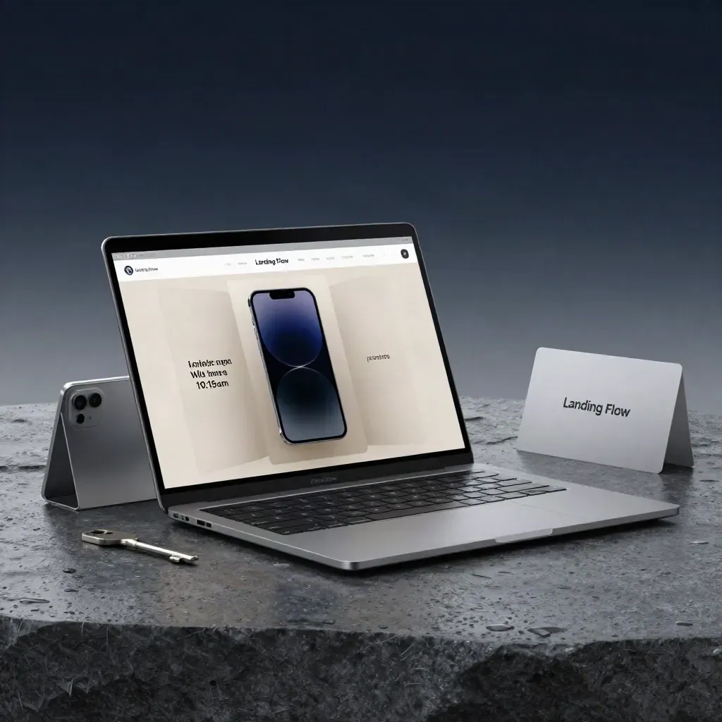Silver laptop, acrylic page panels, phone preview slab, and metal stand on wet stone