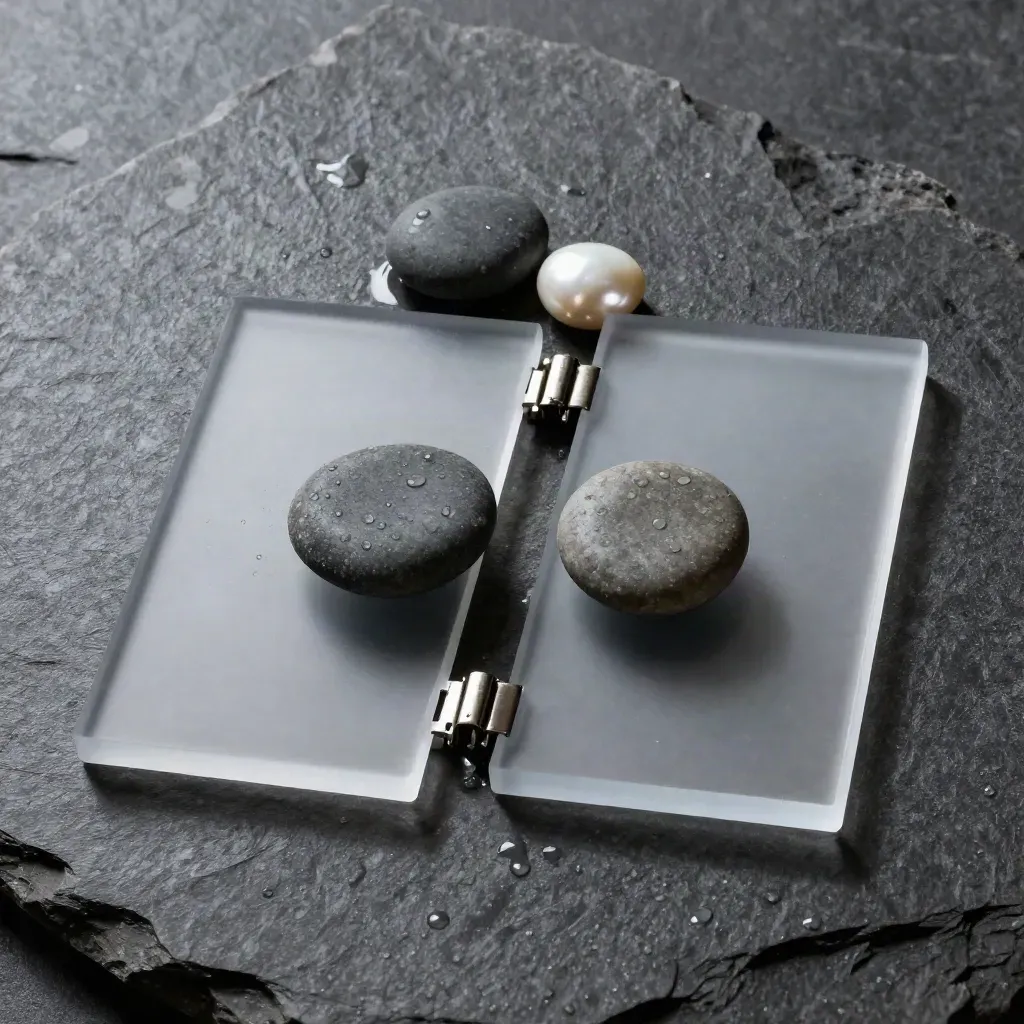 A/B test panels, hinge and scoring chip on wet dark stone with pebbles, overhead flatlay.