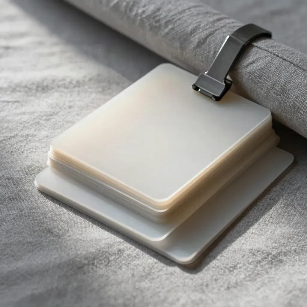 Frosted acrylic template stack with linen swatch and graphite clip under hard side light.