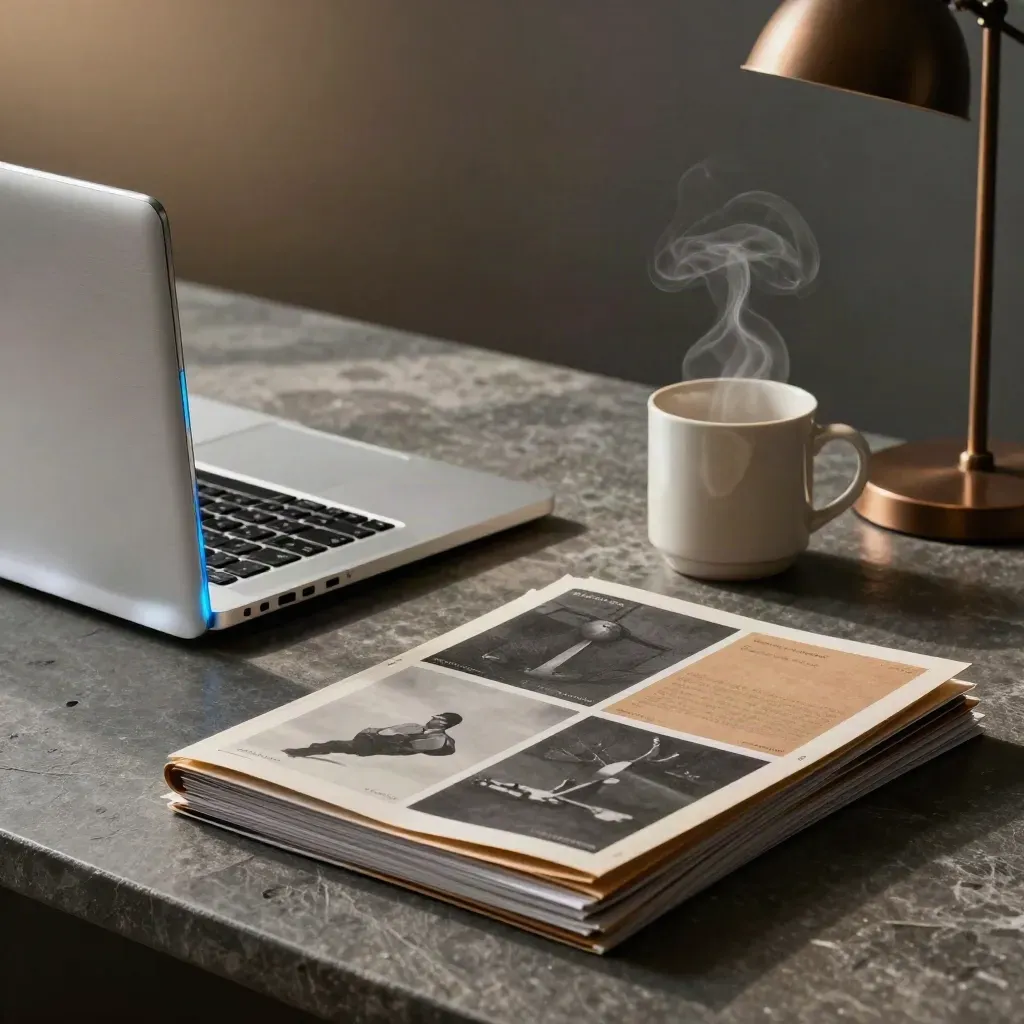 Silver laptop, folders, steam mug and lamp base on a stone surface in a moody workspace