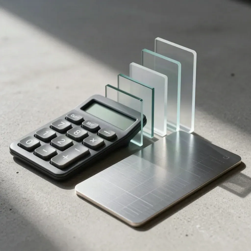 Overhead flatlay of translucent analytics slabs, calculator tile and brushed aluminum card on pale concrete.