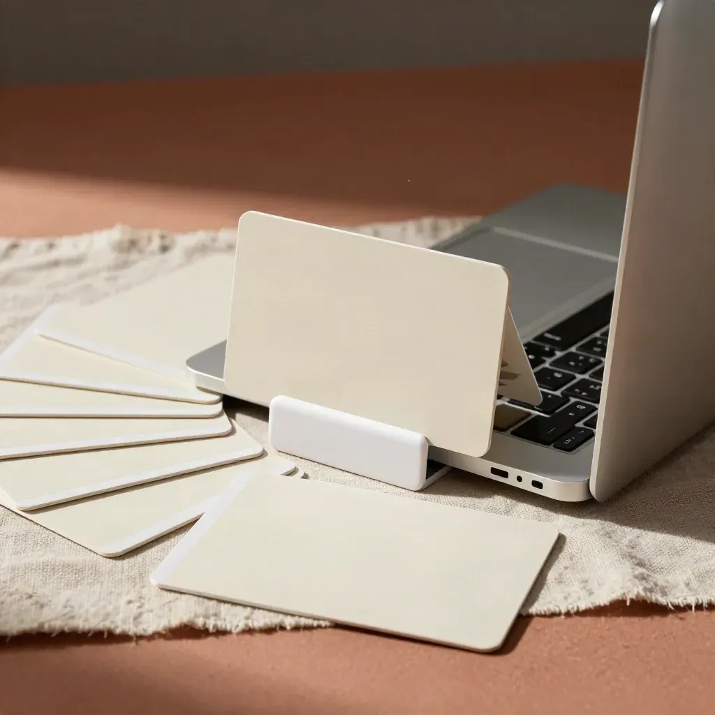 Fan of page cards with laptop and white stand on linen, lit dramatically from the side