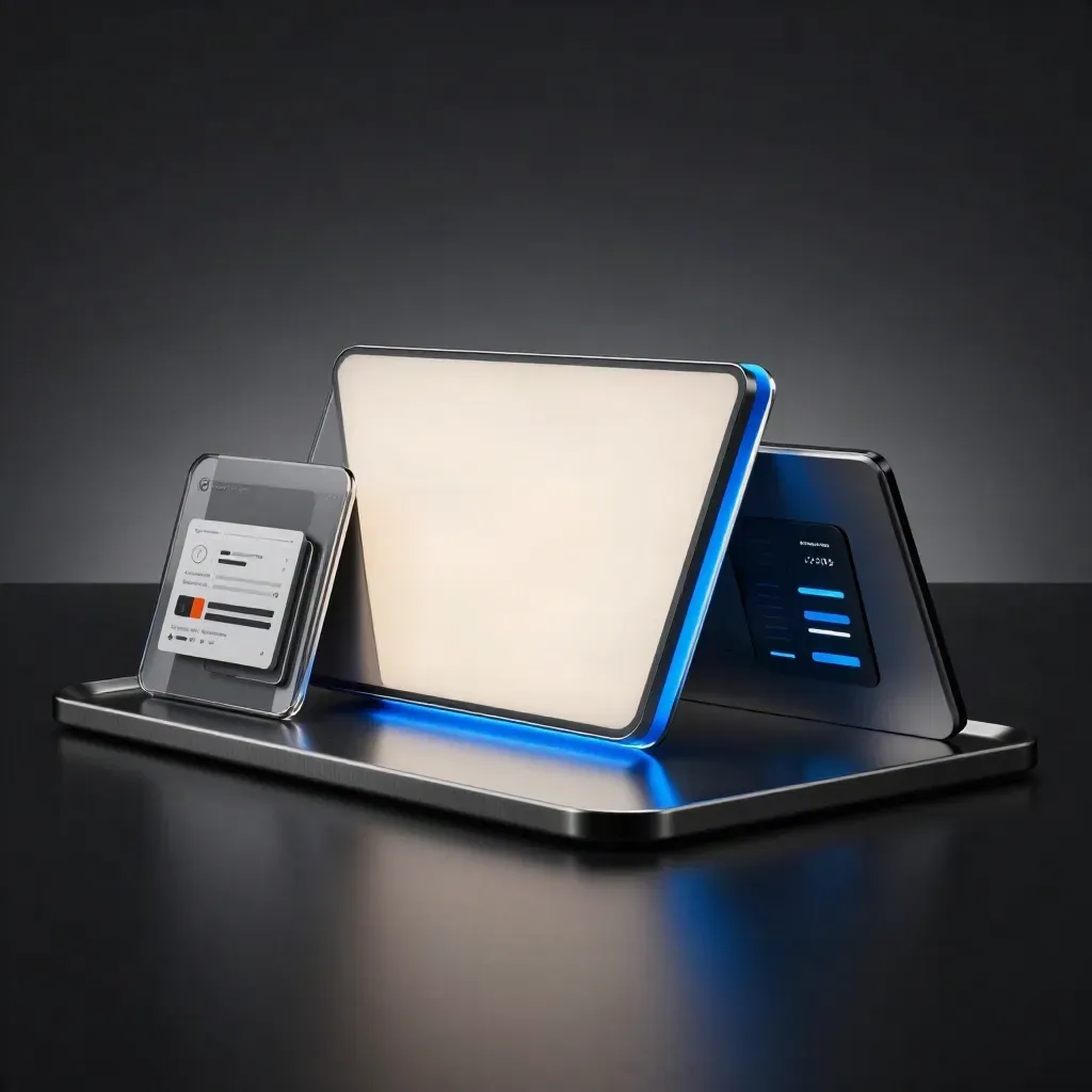 Glowing modular landing-page kit on a brushed metal tray with blue light and haze
