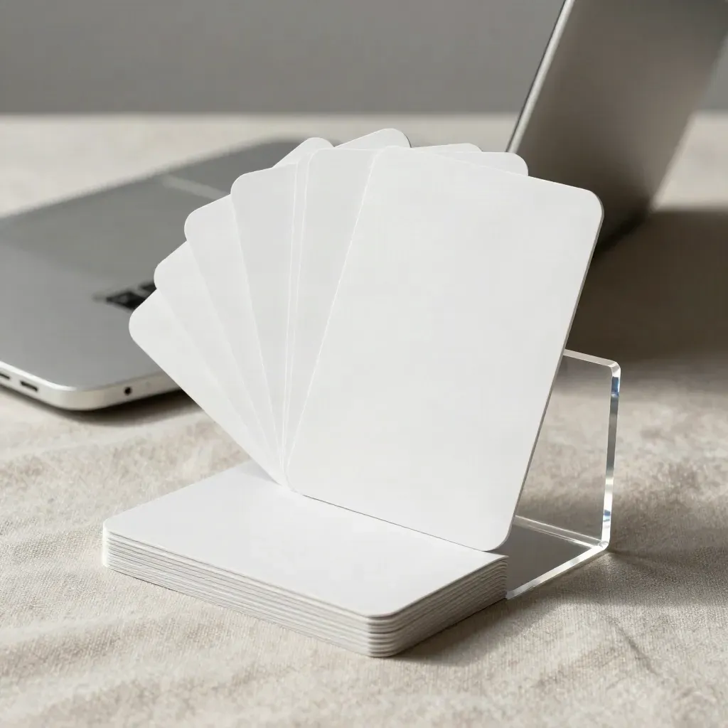 Swiped webpage cards fanned around a silver laptop on pale linen.