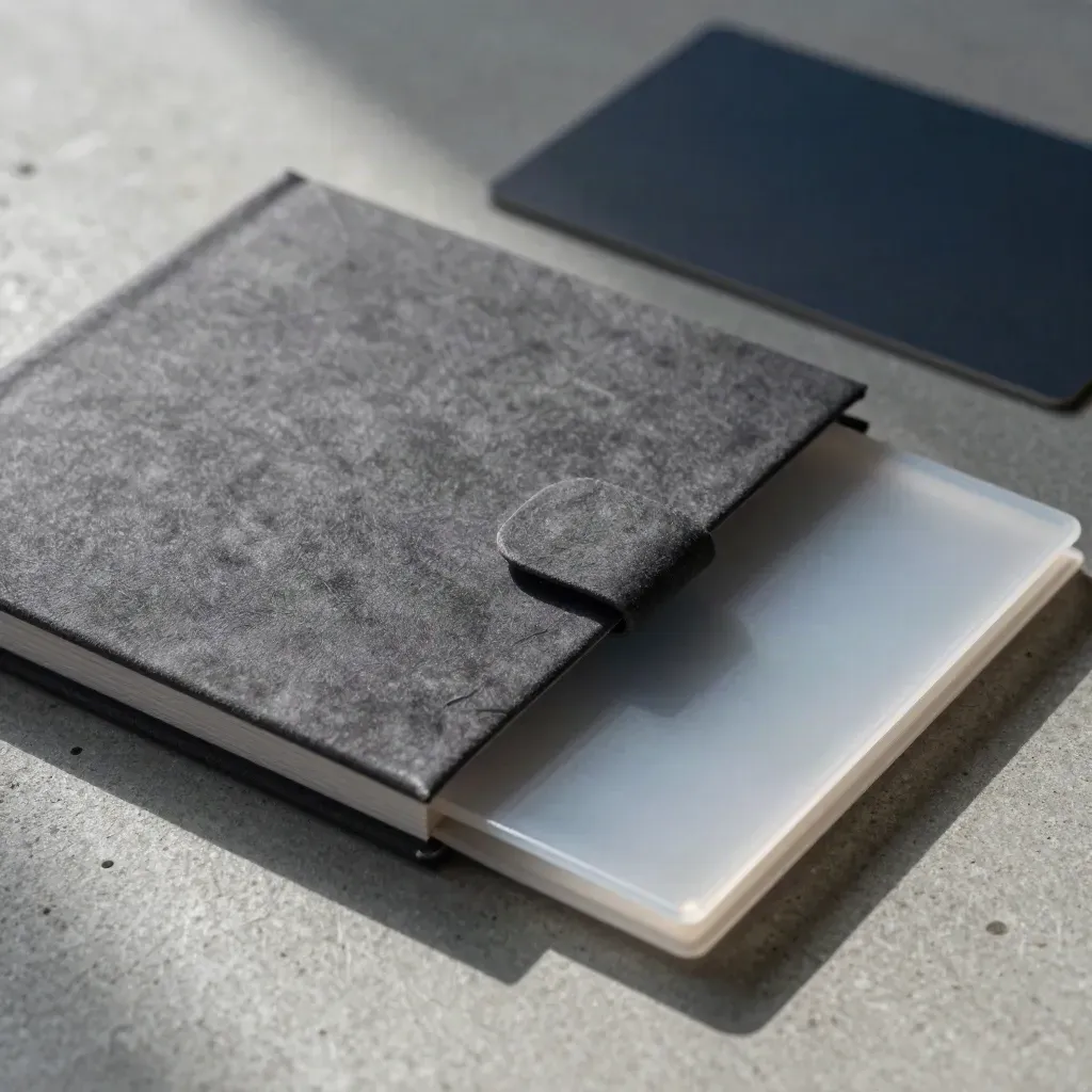 Macro of an unbranded lead magnet kit with booklet shell, sleeve and translucent form tile on concrete.
