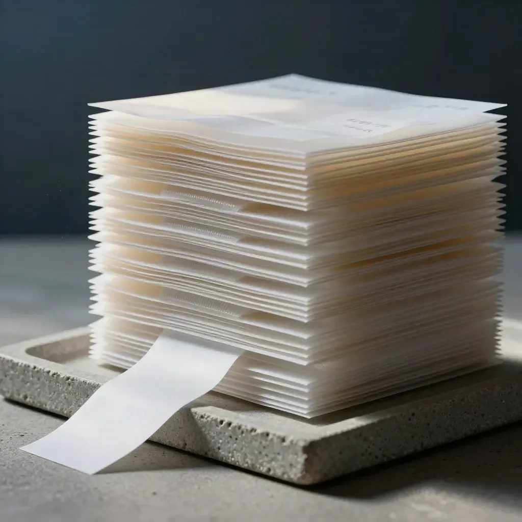 Translucent receipt-like blocks stacked on stone tray with folded fabric on concrete