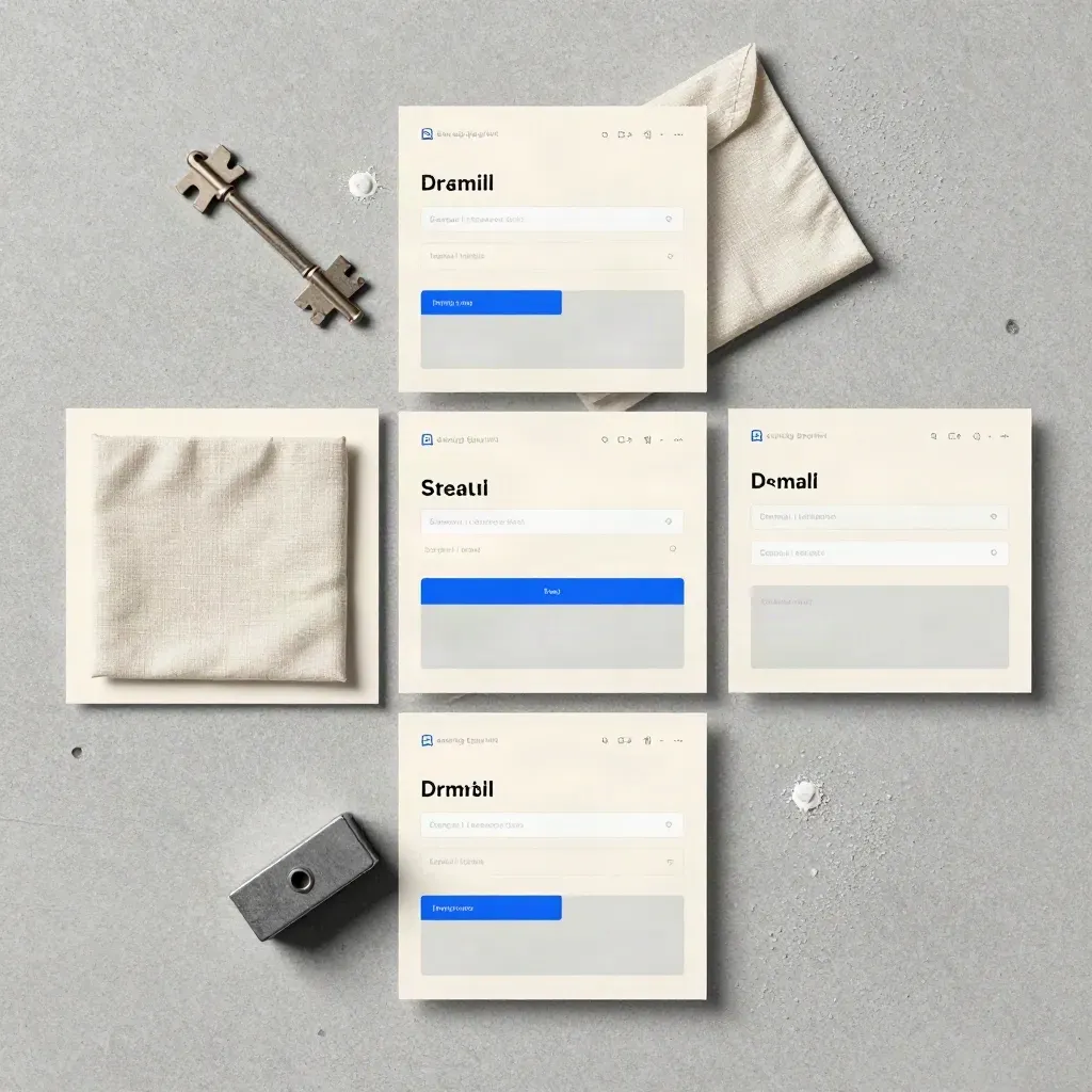 Top-down flatlay of three signup page cards, cloth square and graphite paperweight on cool concrete.