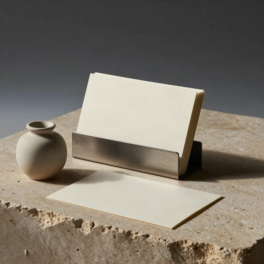 Blank thank-you page pack beside a ceramic vessel on textured stone.