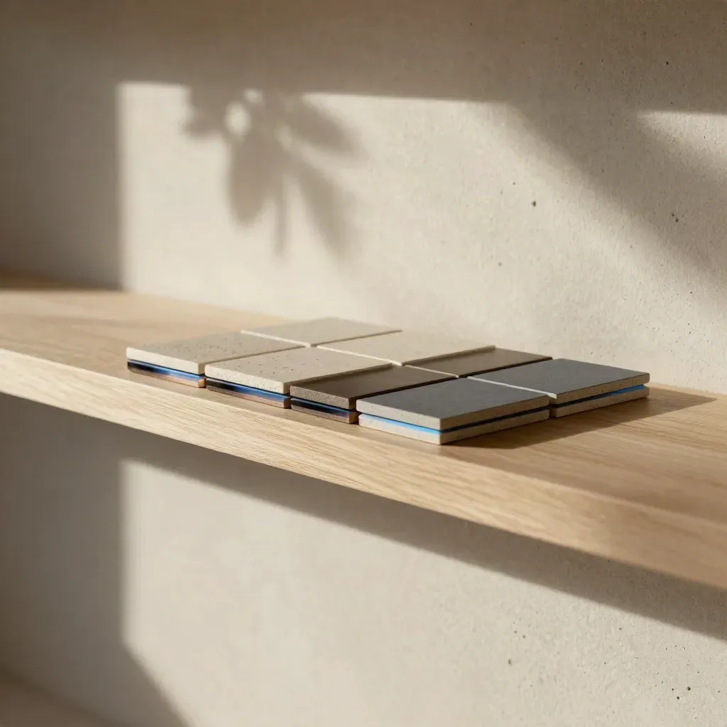 Travertine shelf with pale oak ledge, layered template tiles, and a soft plant shadow in morning light