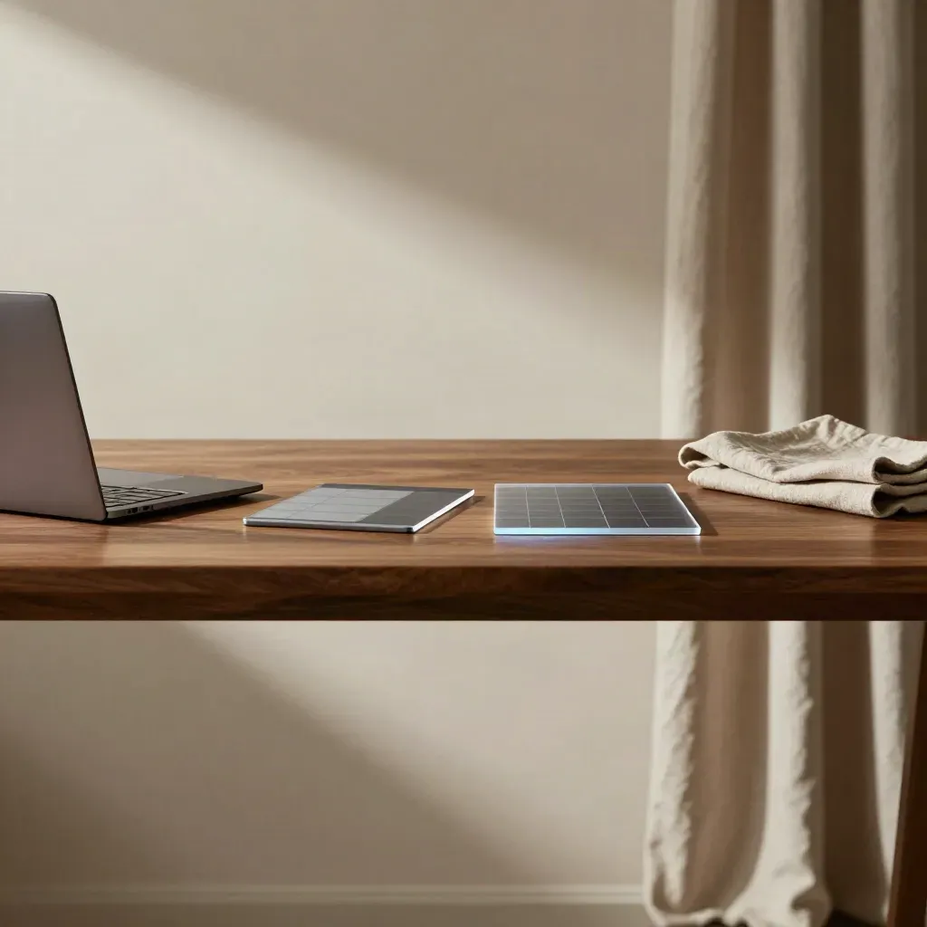 Walnut table, plaster wall, curtain folds, and split-test devices in a sunlit quiet room.
