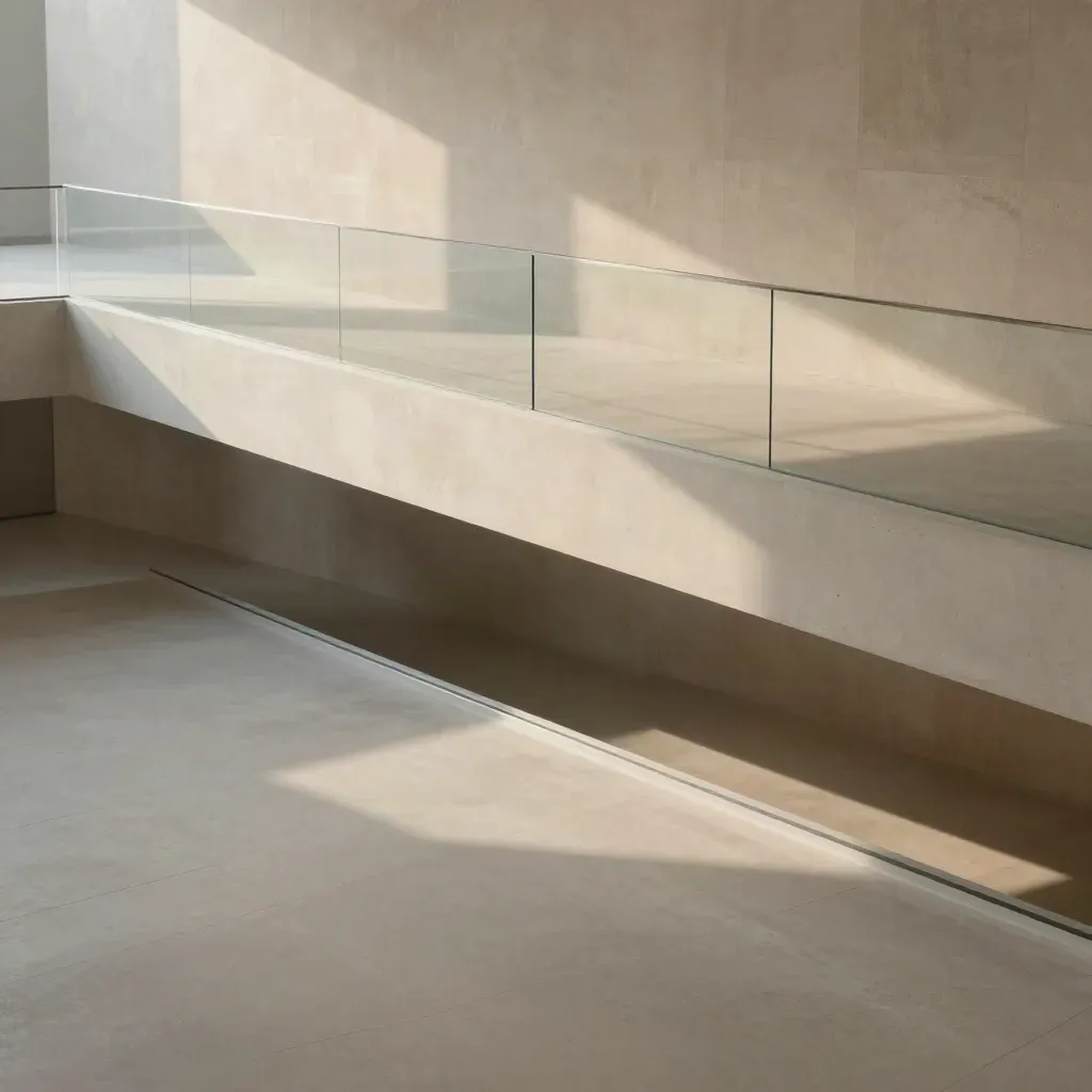 Sunlit modern atrium stair landing with calm copy space and long shadow