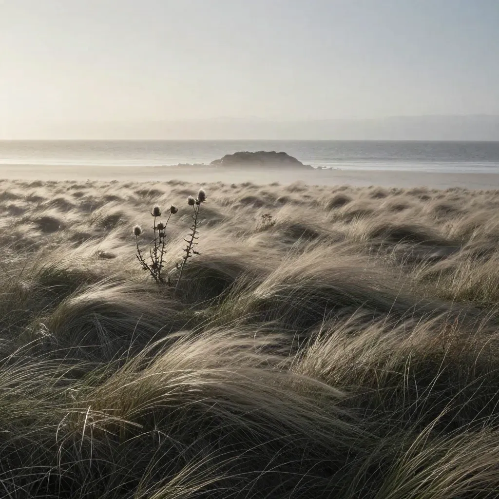 Windswept coastal meadow above a grey shoreline, with a small stone outcrop on the high horizon.