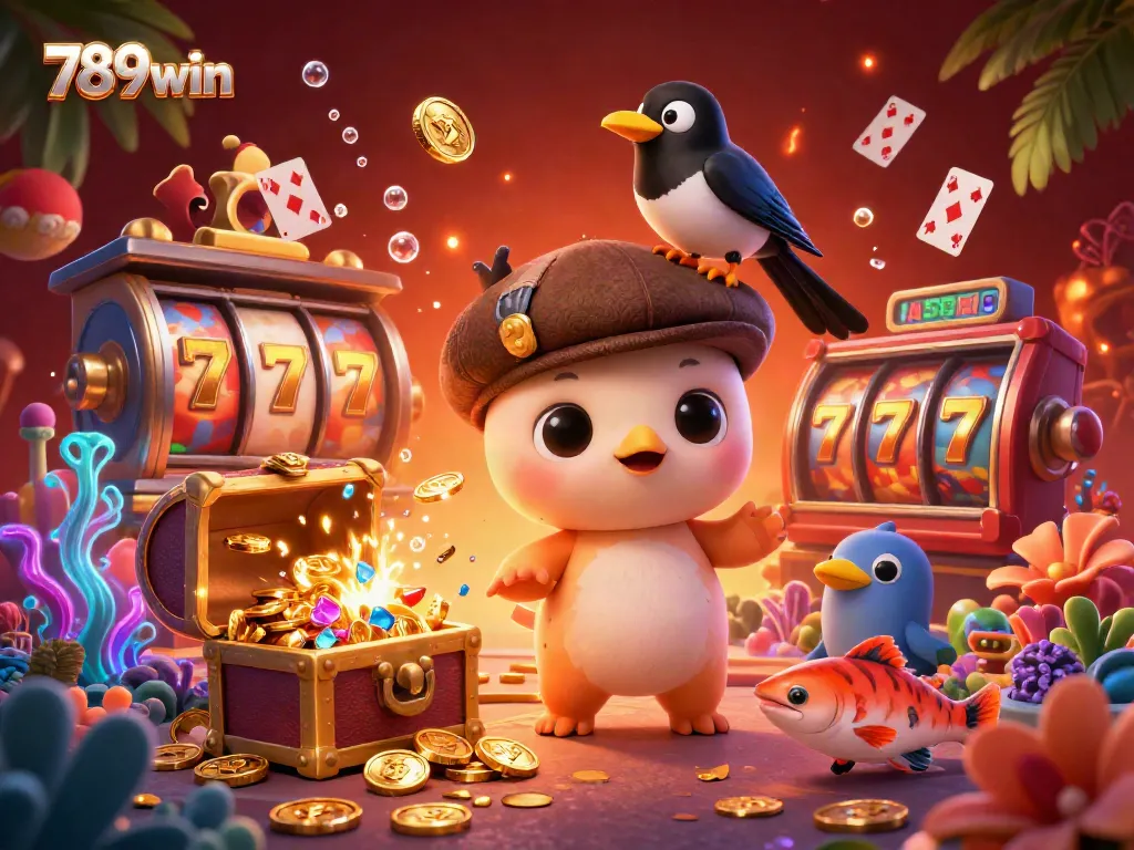 Experience thrilling winnings at 789win with a playful Nessie in a vibrant casino, sparkling treasures, and dynamic elements.
