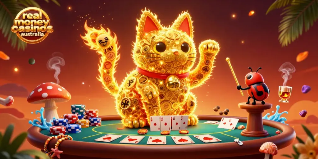 Experience real money casinos australia with a vibrant 3D illustration showcasing a lucky cat and fireflies amidst casino elements.