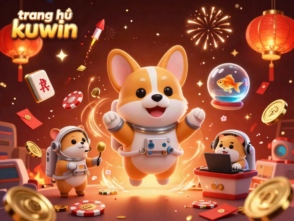 Experience the fun at trang chủ kuwin with a vibrant 3D casino illustration featuring floating characters and exciting game elements.