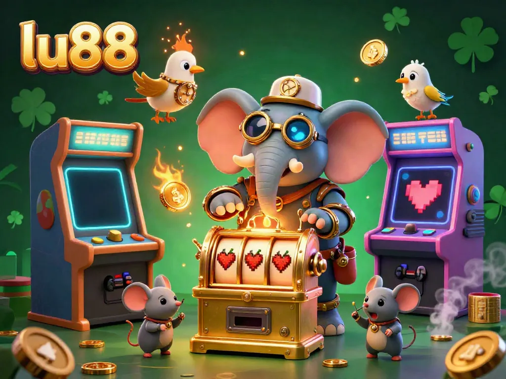 Experience the vibrant gaming action at lu88 with a steampunk elephant and interactive casino elements.