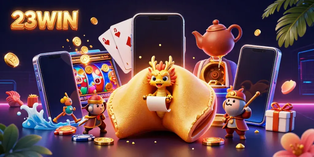 Engage with exciting 23WIN casino experiences featuring a dynamic 3D scene of fortune symbols and gaming elements.