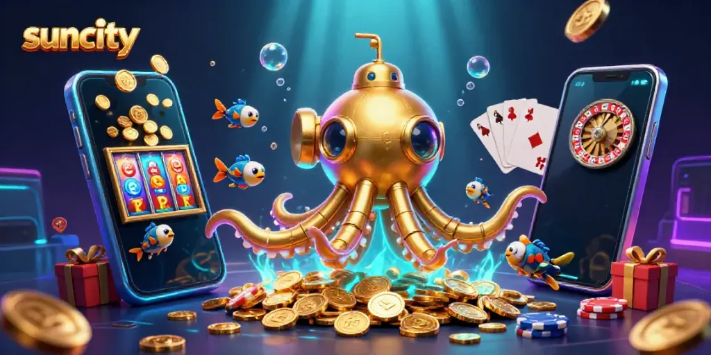 Immerse yourself in the vibrant world of suncity casino with this 3D illustration of a golden kraken submarine and jackpot elements.