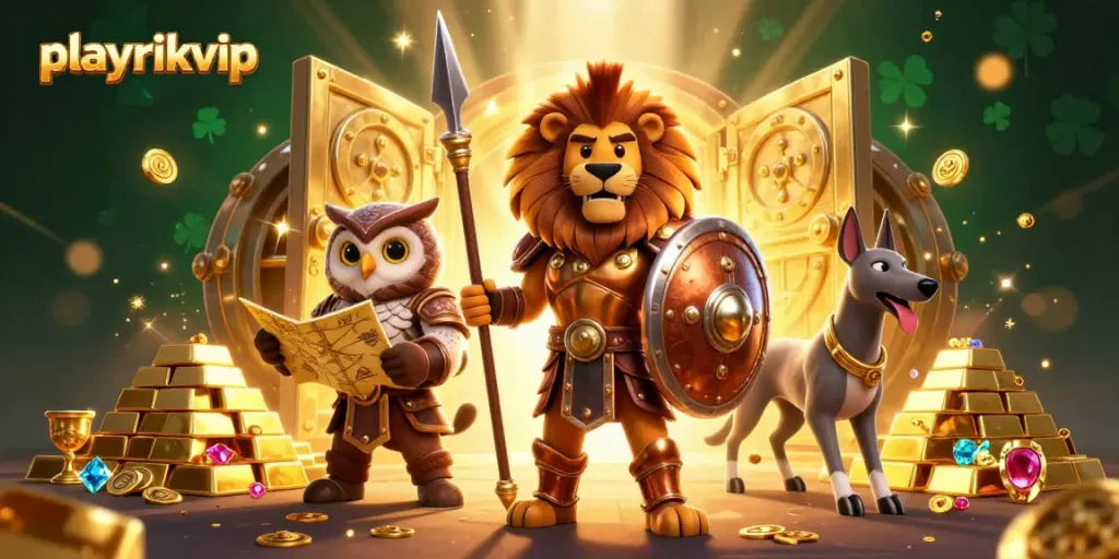 Experience playrikvip with an exhilarating gaming scene featuring a Spartan lion and treasures.