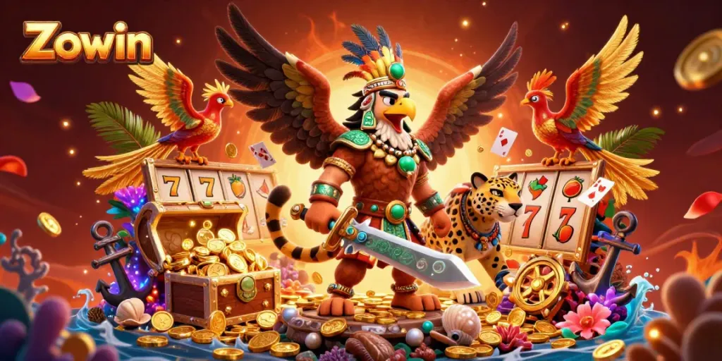 Zowin offers vibrant casino gaming with an Aztec eagle warrior amid stunning slot reels and treasures.