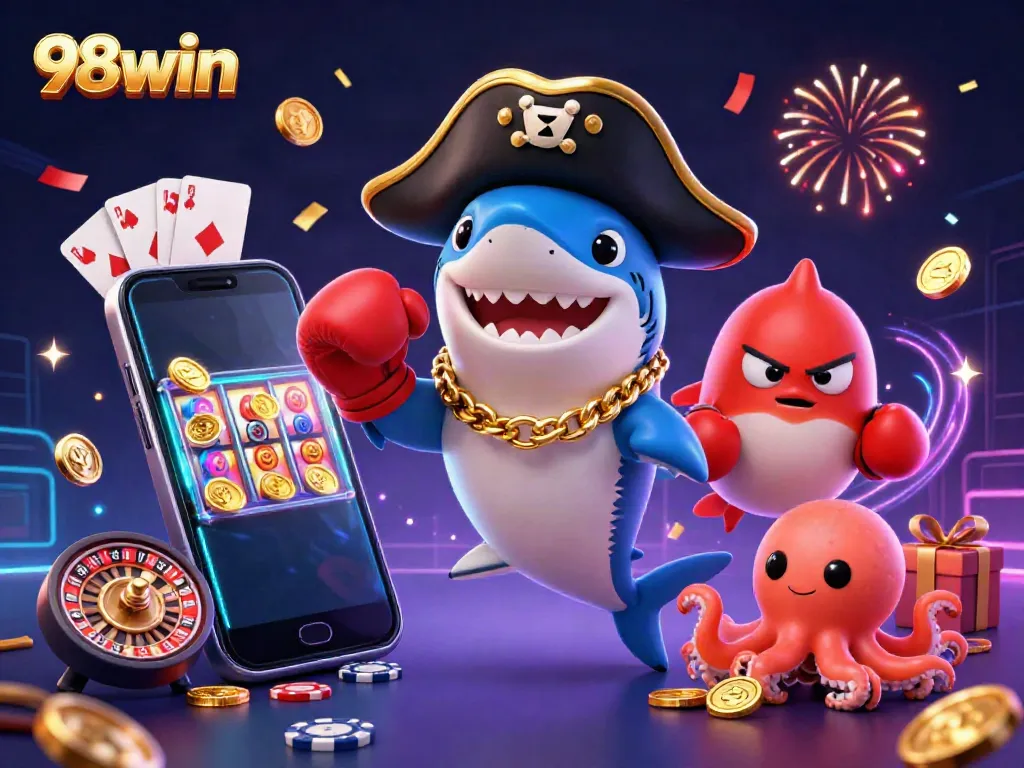 Experience captivating wins with 98win in this vibrant casino illustration filled with excitement.