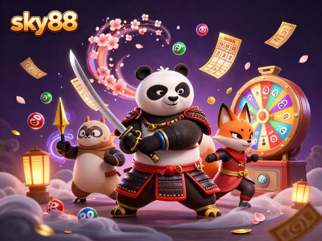 Experience thrilling gameplay at sky88 with a dynamic illustration showcasing samurai panda and vibrant casino elements.