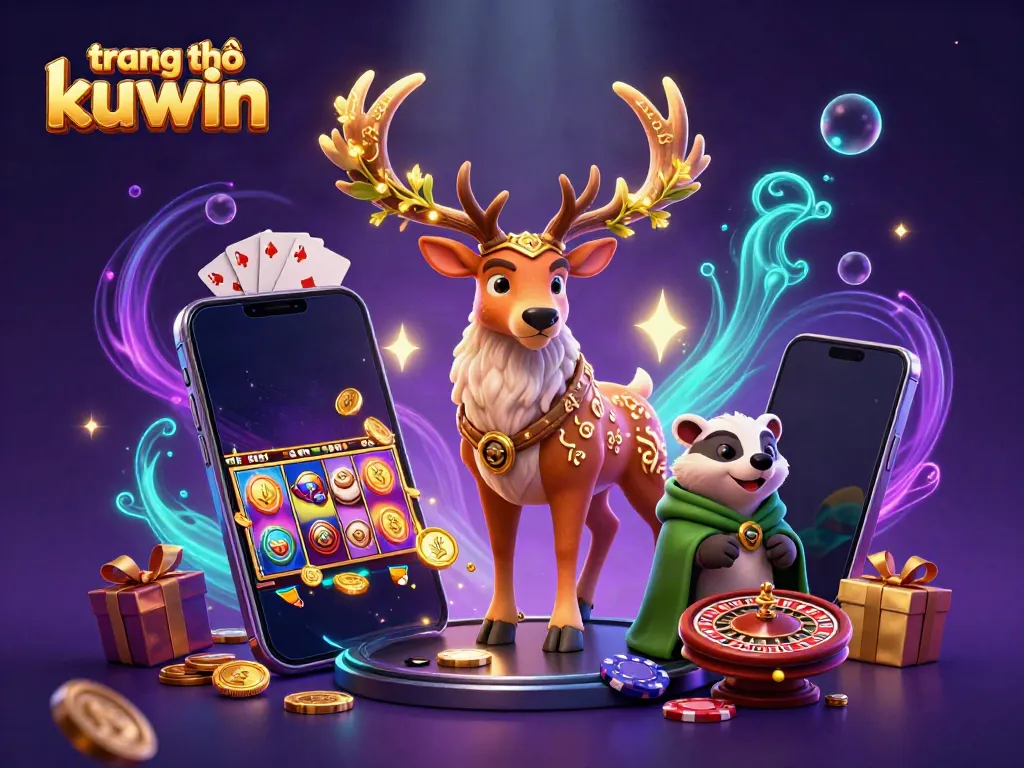 Experience the magic of trang chủ kuwin in a vibrant 3D casino illustration featuring a druid stag, badger, and interactive game elements.