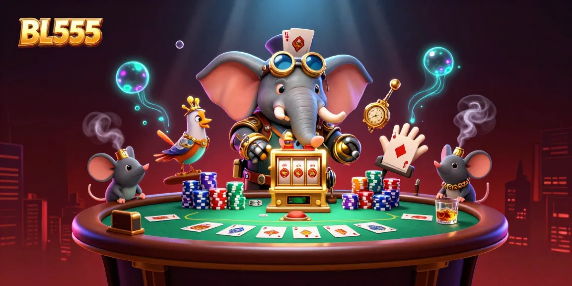 Experience winning at BL555 with a steampunk elephant at a vibrant poker scene.