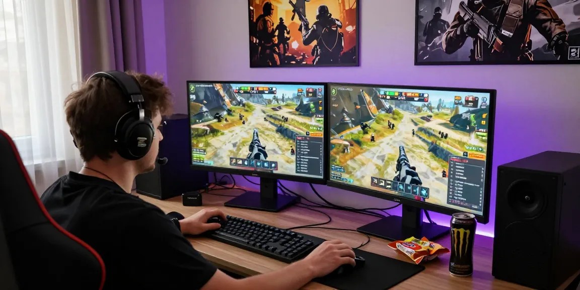 Engaged gamer using ArmA 3 Hack in dynamic gaming setup with dual monitors.