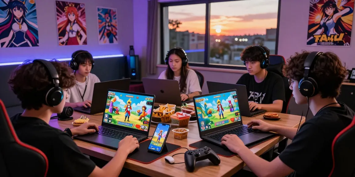 Players enjoying an ecchi game in a vibrant gaming lounge with devices and cozy ambiance.