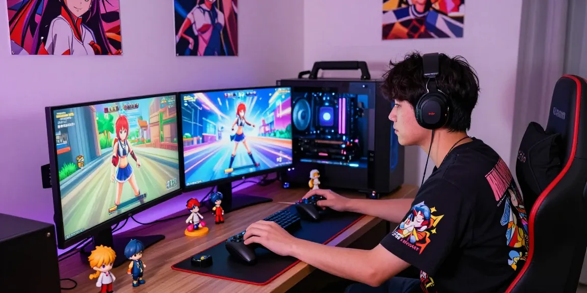 Immersive gaming setup showcasing ecchi games, vibrant LED lights, and a focused gamer.